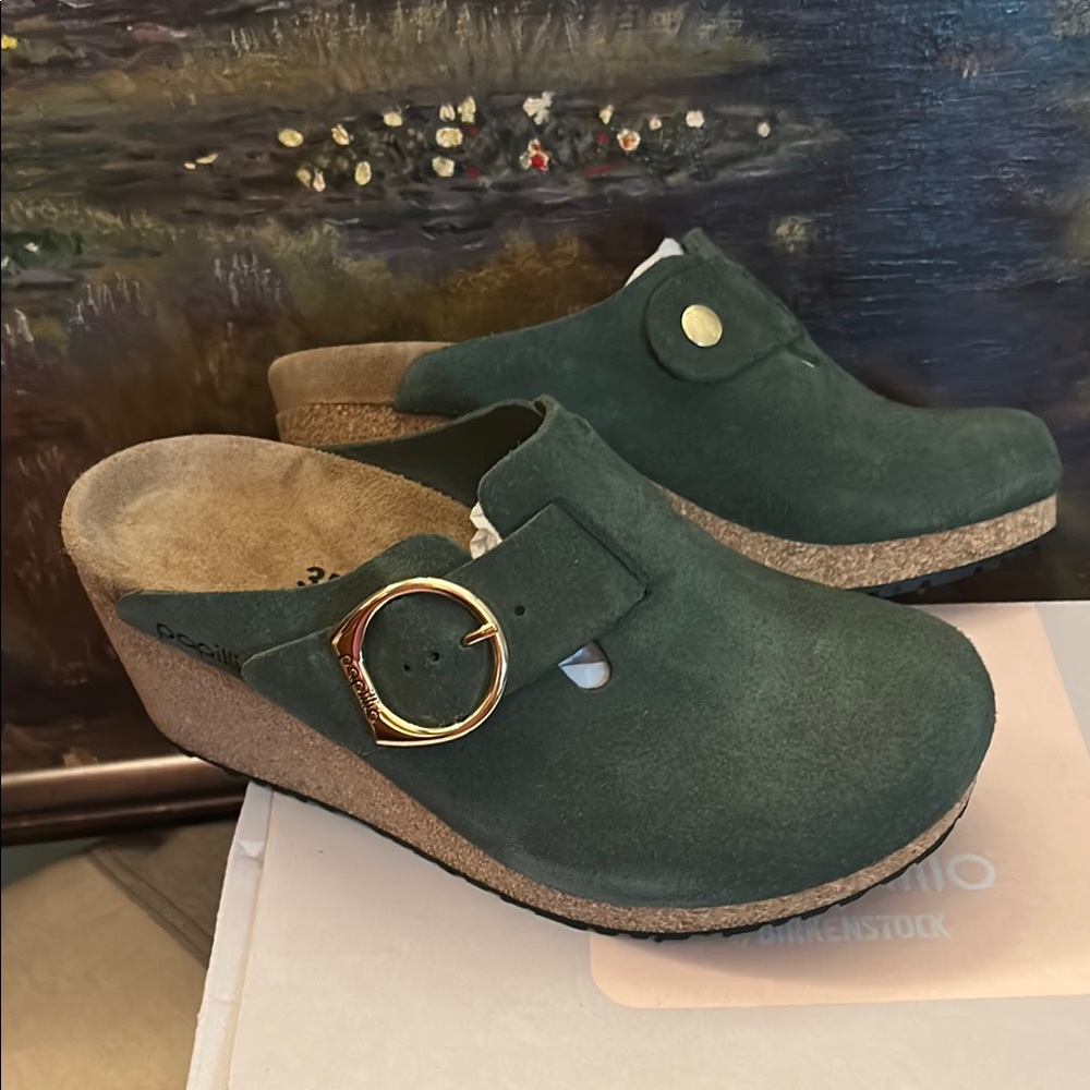 Papillio Green Cork Mules with Brass Buckle